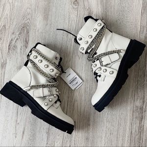 Rare Zara White Leather Moto Pearl Combat Boots
